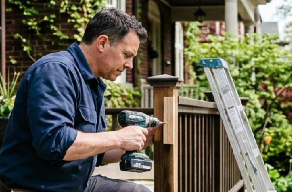 A handyman from Executives Concierge fixes the front gate at a downtown executive condo building. 